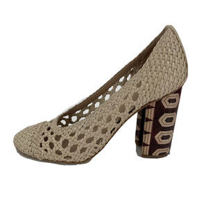 Tory Burch Grove Woven Pump Chunky‎ Heels Womens 9 Dulce de Leche 34675